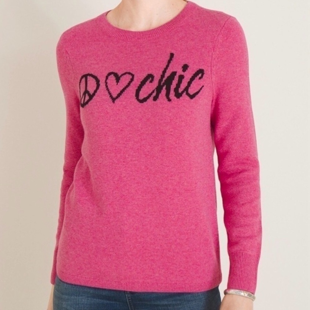 Chico’s Pink “Peace ♥ Chic” Graphic Cashmere-Wool Blend Sweater – Size 1 (Med)